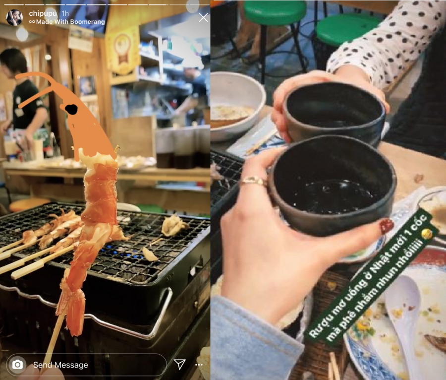 Chi Pu ăn hải sản và uống rượu mơ ở Nhật.