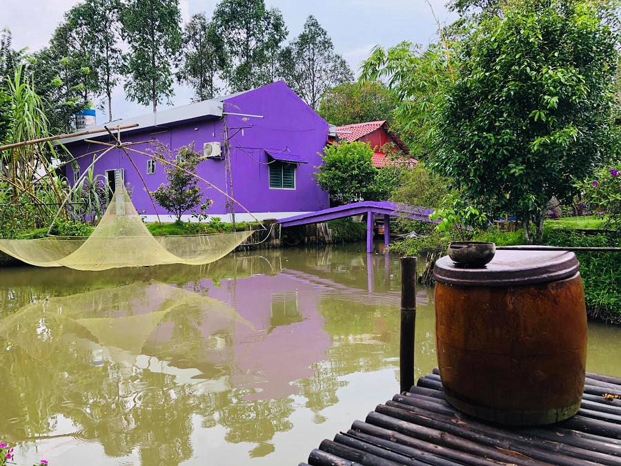 Hình ảnh ngôi nhà màu tím nổi bật trong khung cảnh vô cùng nên thơ.
