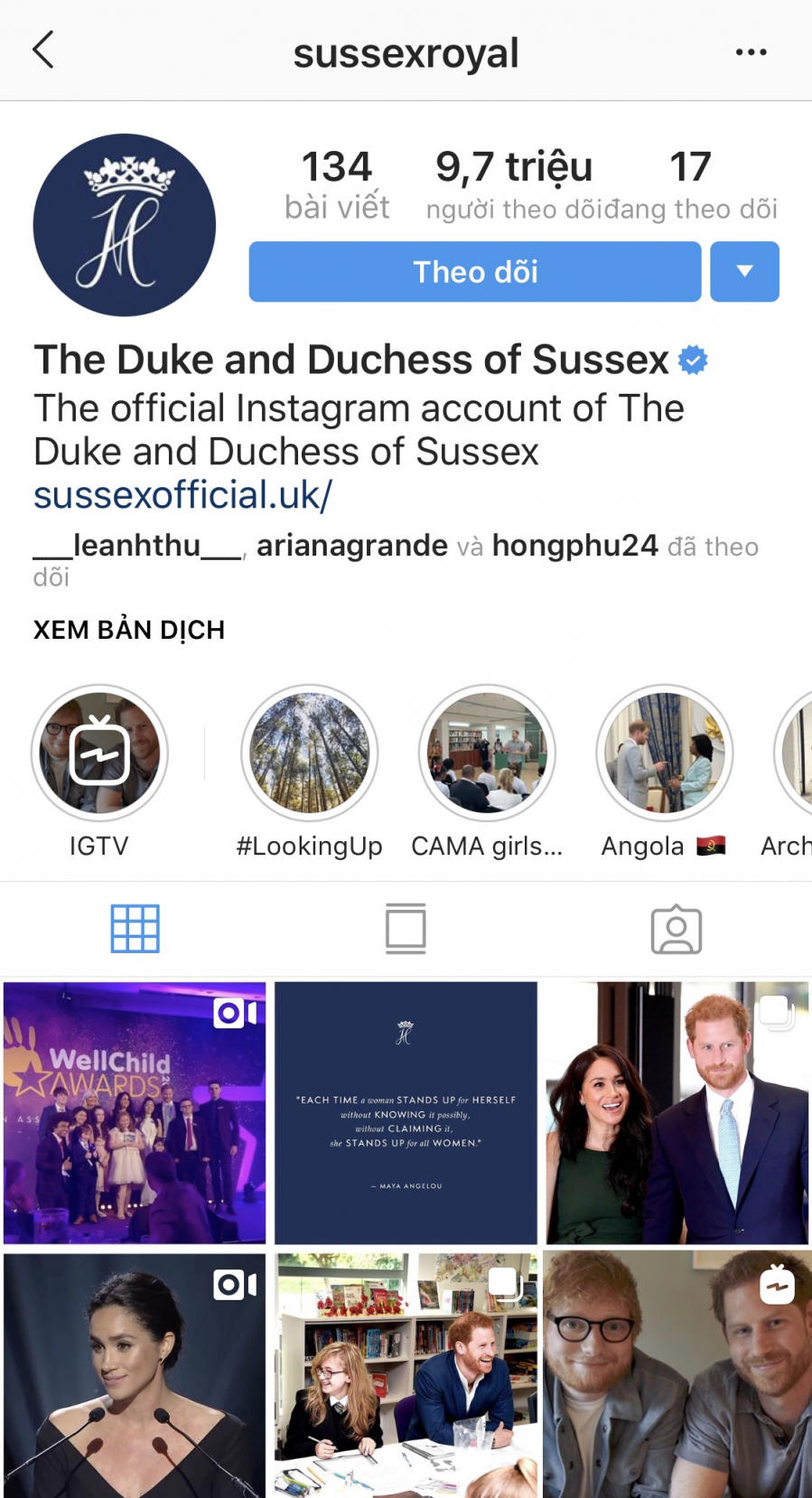 Tài khoản instagram của cặp vợ chồng Hoàng tử Harry và Meghan Markle