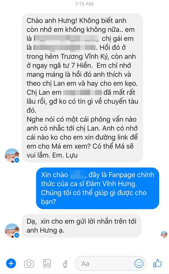 Người thân của bạn gái cũ nhắn tin với Đàm Vĩnh Hưng.    