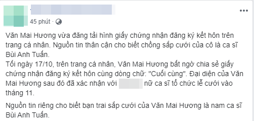 Trên một trang mạng xã hội đã đưa ra thông tin nữ ca sĩ sẽ kết hôn với Bùi Anh Tuấn.  