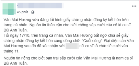 Trên một trang mạng xã hội đã đưa ra thông tin nữ ca sĩ sẽ kết hôn với Bùi Anh Tuấn.  