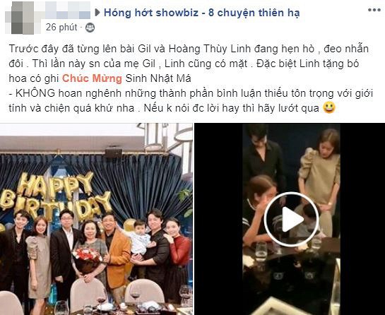 Cộng đồng mạng truyền tay nhau hình ảnh Hoàng Thùy Linh dự sinh nhật mẹ Gil Lê.  