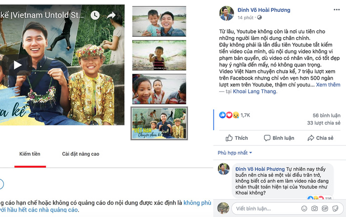 Kênh Youtube của Khoai Lang Thang đã bị tắt kiếm tiền.