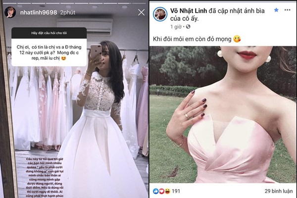 Cô nàng khoe ảnh mặc váy cưới và tay đeo nhẫn.
