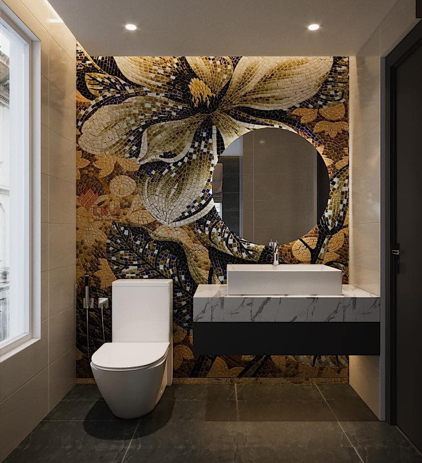 Phòng tắm nổi bật với mảng tường được trang trí bằng hoa đá. 