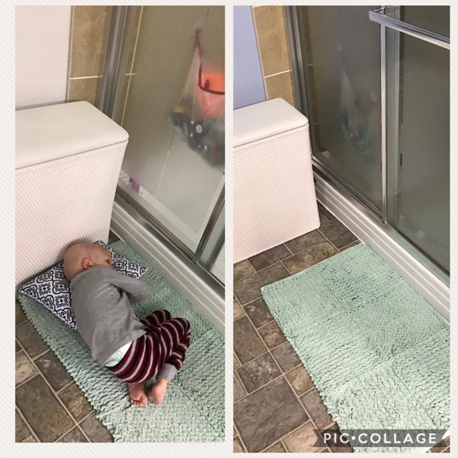 Cậu bé 4 tuổi tội nghiệp này đã cuộn tròn trên chiếc thảm chùi chân trước cửa phòng tắm vì không muốn xa mẹ