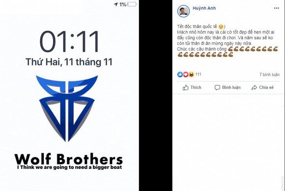 Vào ngày 11/11 mới đây, Huỳnh Anh bất ngờ đăng tải trạng thái chào lễ độc thân chỉ dành cho dân 