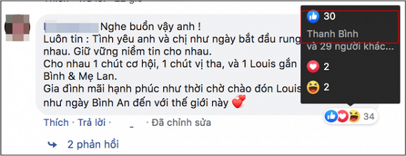 Khi nhận được lời khuyên vợ chồng nam diễn viên nên cho nhau cơ hội vì cả hai còn có bé Louis, Thanh Bình đã âm thầm like dòng bình luận này.
