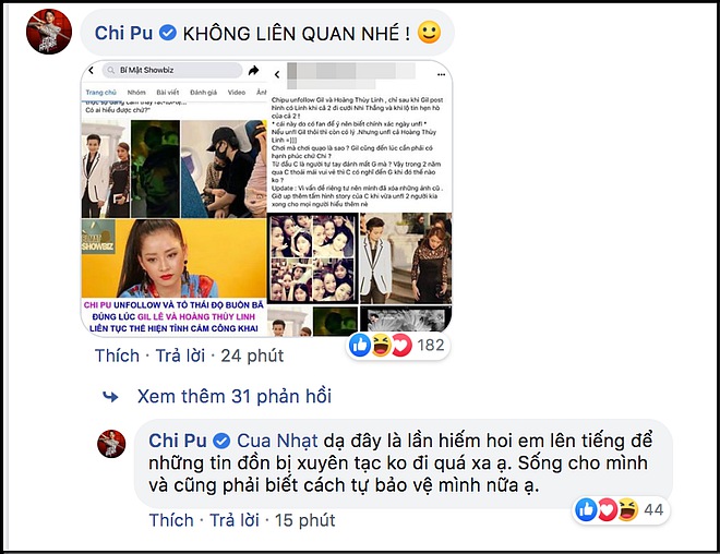 Chi Pu còn đăng thêm bức ảnh chụp màn hình đồn đoán chia sẻ buồn bã của cô liên quan tới Gil Lê và Hoàng Thùy Linh và khẳng định: “không liên quan nhé”.