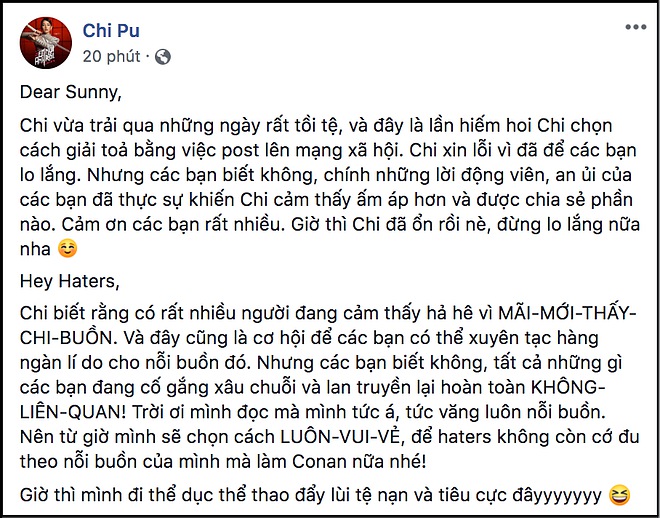 Chia sẻ của Chi Pu gửi tới người hâm mộ và khán giả, khẳng định mọi bàn tán về cô hơn 1 ngày qua đều không đúng sự thật.