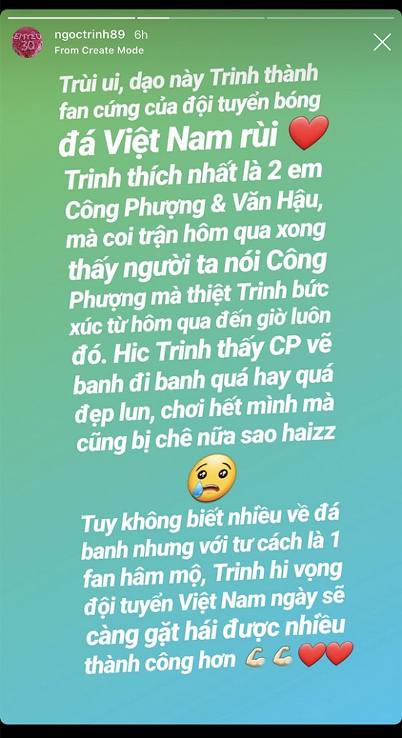 Lần đầu tiên Ngọc Trinh thừa nhận mình là fan cứng của đội tuyển Việt Nam.  