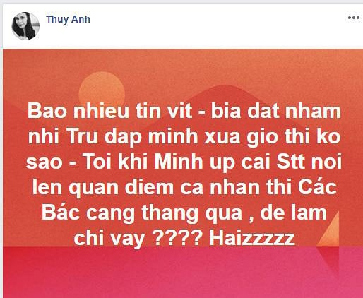 Sau dòng trạng thái nhắc lại scandal 7 năm trước với Ngô Kiến Huy, Thụy Anh lập tức bị cộng đồng mạng chỉ trích khi dùng 