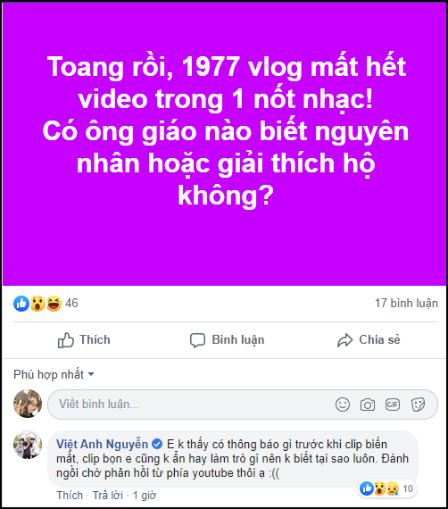 Phản hồi của Việt Anh trước việc kênh 1977 Vlog bị xóa.