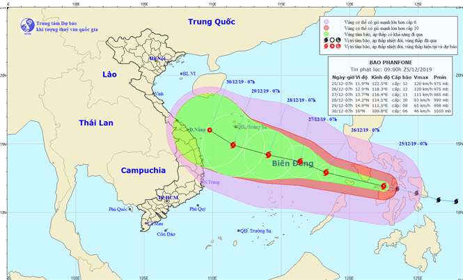 Dự báo đường đi của cơn bão Phanfone trên biển Đông.