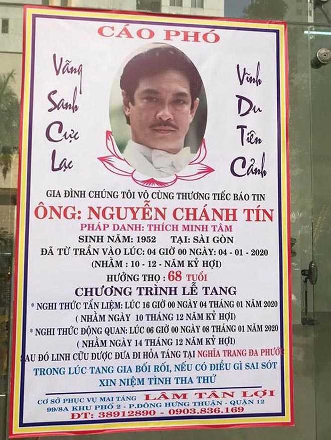 Cáo phó tang lễ cố nghệ sĩ Chánh Tín.