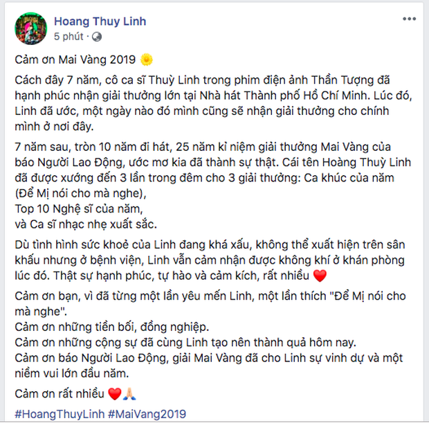 Dòng trạng thái chia sẻ mới nhất từ Hoàng Thuỳ Linh.