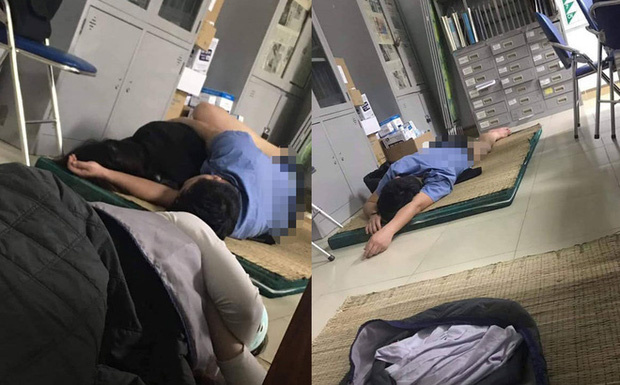 Hình ảnh nam bác sĩ ôm nữ sinh viên thực tập ngủ trong ca trực tại Bệnh viện Hữu nghị Đa khoa Nghệ An được chia sẻ trên mạng xã hội.