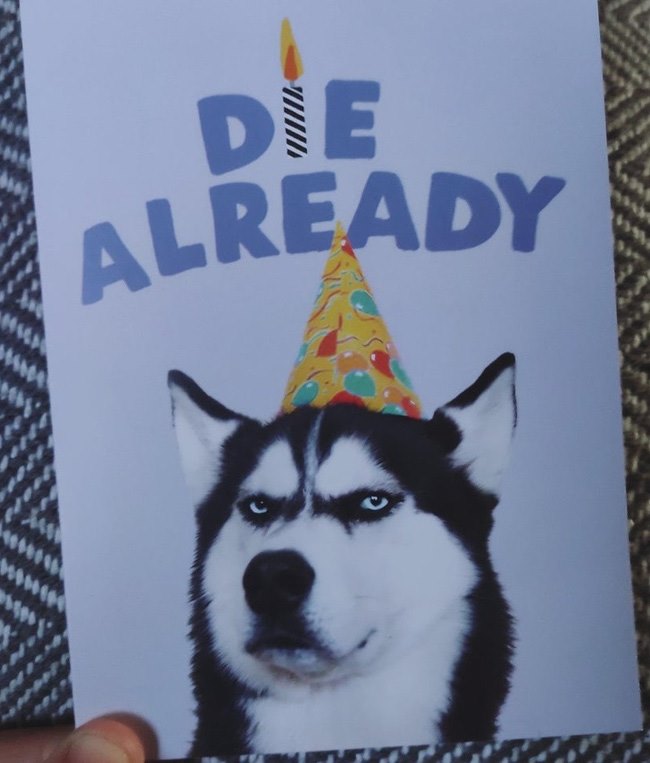 Con gái tặng tôi một tấm thiệp có hình chú chó dễ thương đội mũ sinh nhật cùng 1 cây nến. Thế nhưng, nó chưa biết đọc nên cũng không biết tấm thiệp có ghi hai từ: chết chắc ngươi rồi!