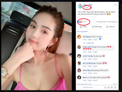 Trên trang cá nhân, Ngọc Trinh gây chú ý khi đăng tải bức ảnh gợi cảm trên xe hơi. Kèm theo đó, 'Nữ hoàng bikini' có phát ngôn về tiền. Cô viết: 