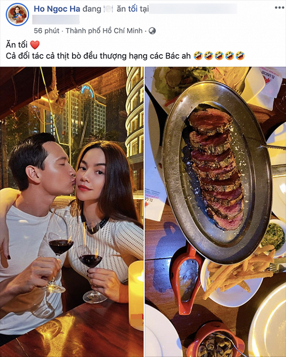 Mới đây nhất, trên trang cá nhân của mình, Hà Hồ đã đăng tải bức ảnh thưởng thức bữa tối bên Kim Lý dù không phải là dịp đặc biệt gì. Nam diễn viên 