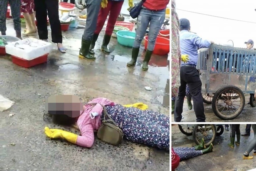 Nữ tiểu thương bị nhân viên Ban quản lý chợ đánh ngã gục xuống đất.