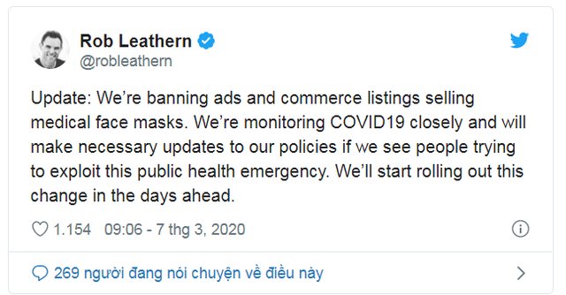 Thông báo của Giám đốc quản lý sản phẩm của Facebook về việc thực hiện chính sách cấm quảng cáo rao bán khẩu trang y tế.