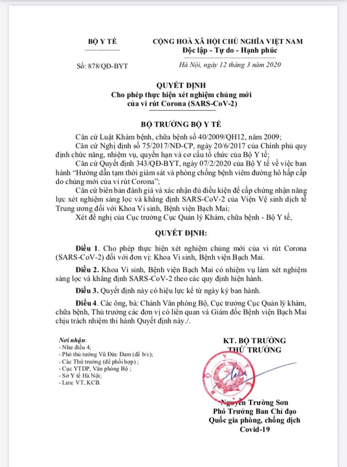 Quyết định cho phép Bệnh viện Bạch Mai xét nghiệm Covid-19 của Bộ Y tế.