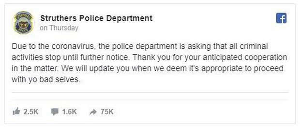 Sở cảnh sát thành phố Struthers (bang Ohio) viết trên Facebook: 