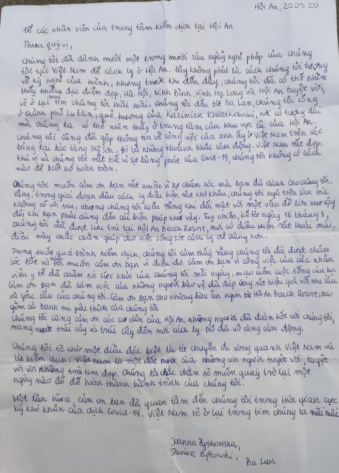 Bức thư viết tay của vợ chồng Ba Lan gửi Việt Nam sau khi hoàn thành thời gian cách ly ở Hội An.