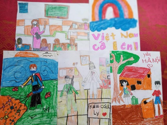 Những bức tranh vẽ của bé gái lớp 2 về việc phòng chống dịch Covid-19.