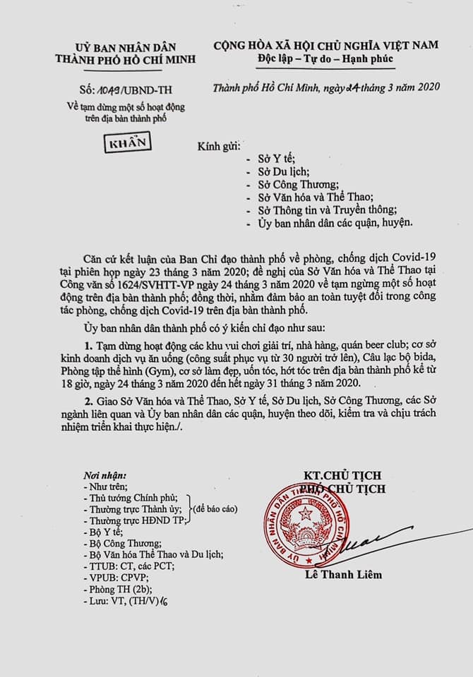 Công văn khẩn của UBND TP. HCM yêu cầu tạm dừng mọi hoạt động vui chơi giải trí đến hết ngày 31/3.