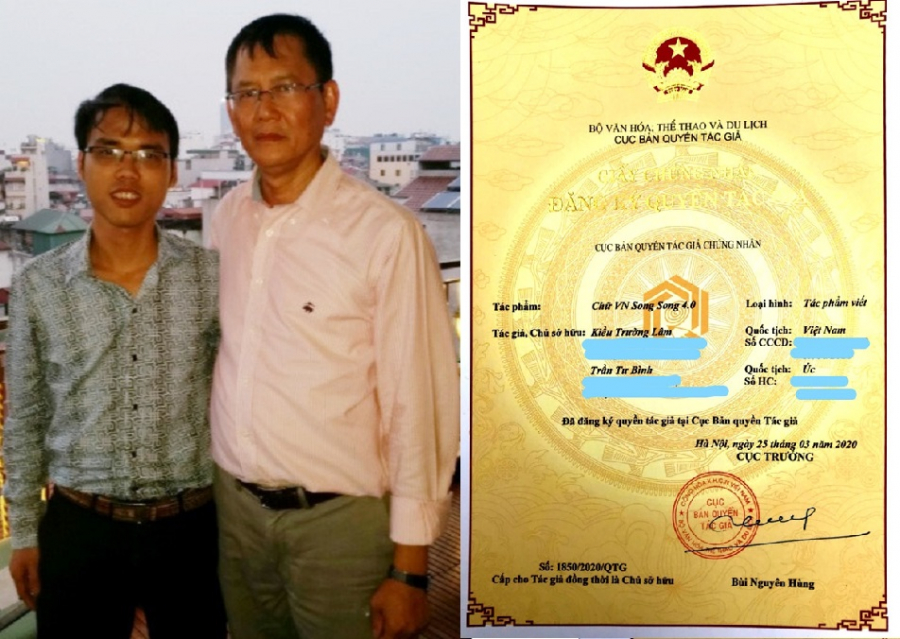 Tác giả  Kiều Trường Lâm (trái) và Trần Tư Bình cùng giấy chứng nhận bản quyền tác giải với công trình 
