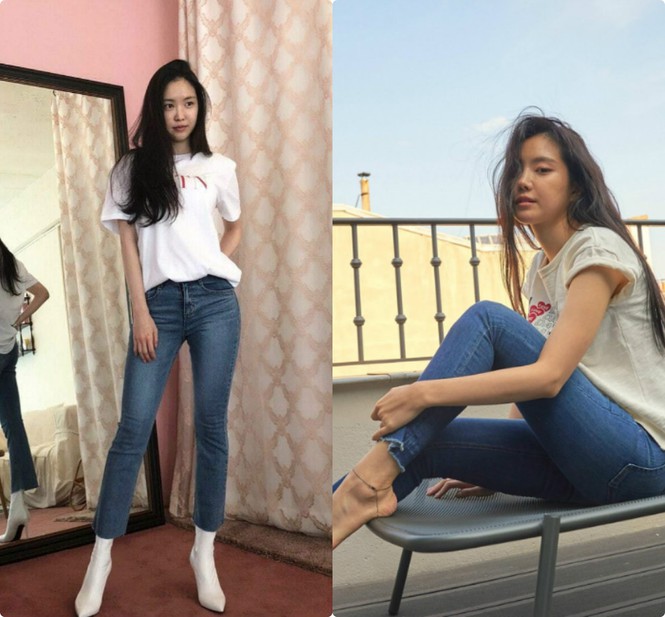 Naeun (APink) vừa đơn giản lại cực thời thượng khi kết hợp skinny jean với áo phông và điểm nhấn ở đôi boot cao cổ gót nhọn
