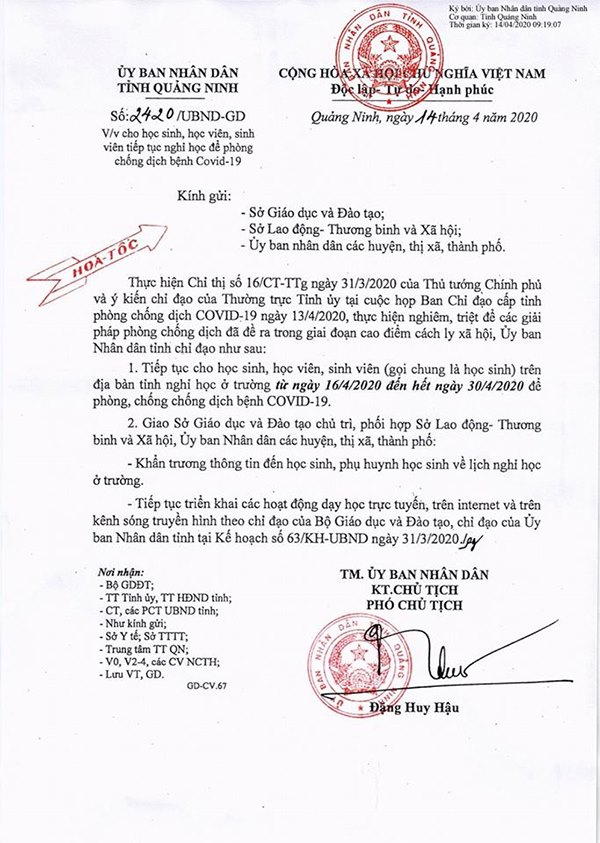 Công văn đóng dấu hỏa tốc của UBND tỉnh Quảng Ninh về việc cho toàn bộ học sinh, sinh viên và học viên trên địa bàn nghỉ đến hết 30/4 để phòng chống dịch Covid-19.