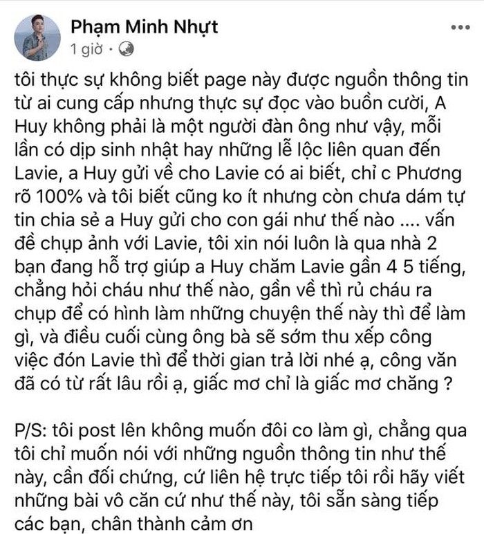 Trước những thông tin ông bà ngoại sẽ đón Lavie về nuôi dưỡng, quản lý Mai Phương khẳng định Phùng Ngọc Huy sẽ toàn quyền nuôi con gái và không bao giờ thay đổi. Người này đồng thời bác bỏ thông tin nam ca sĩ là người cha vô trách nhiệm như lời đồn. Cựu quản lý chia sẻ chuyện Phùng Ngọc Huy gửi tiền về nuôi con hay không, Mai Phương là người rõ hơn cả. Mỗi lần có dịp sinh nhật hay dịp gì liên quan đến Lavie, nam diễn viên đều bày tỏ thái độ quan tâm. Chuyện 6 năm trời chỉ chu cấp 12-13 triệu là vô căn cứ.