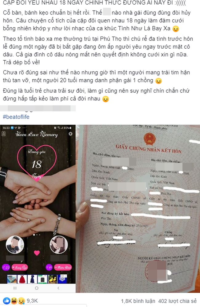 Thông tin về cặp đôi yêu nhau 18 ngày đã đăng ký kết hôn rồi hủy hôn trước ngày cưới được nhiều trang fanpage lớn nhỏ chia sẻ.