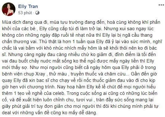Elly Trần tiết lộ bị ngã cầu thang chấn thương vai khá đau đớn.