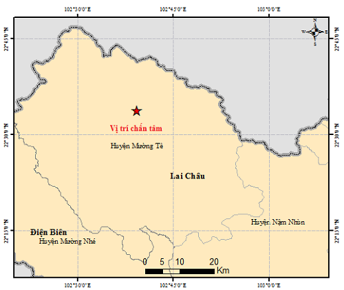 Vị trí tâm chấn của trận động đất chiều nay ở Lai Châu. (Nguồn: Trung tâm báo tin động đất và cảnh báo sóng thần).  