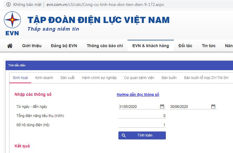 Công cụ tính tiền điện trên website của Tập đoàn Điện lực Việt Nam.