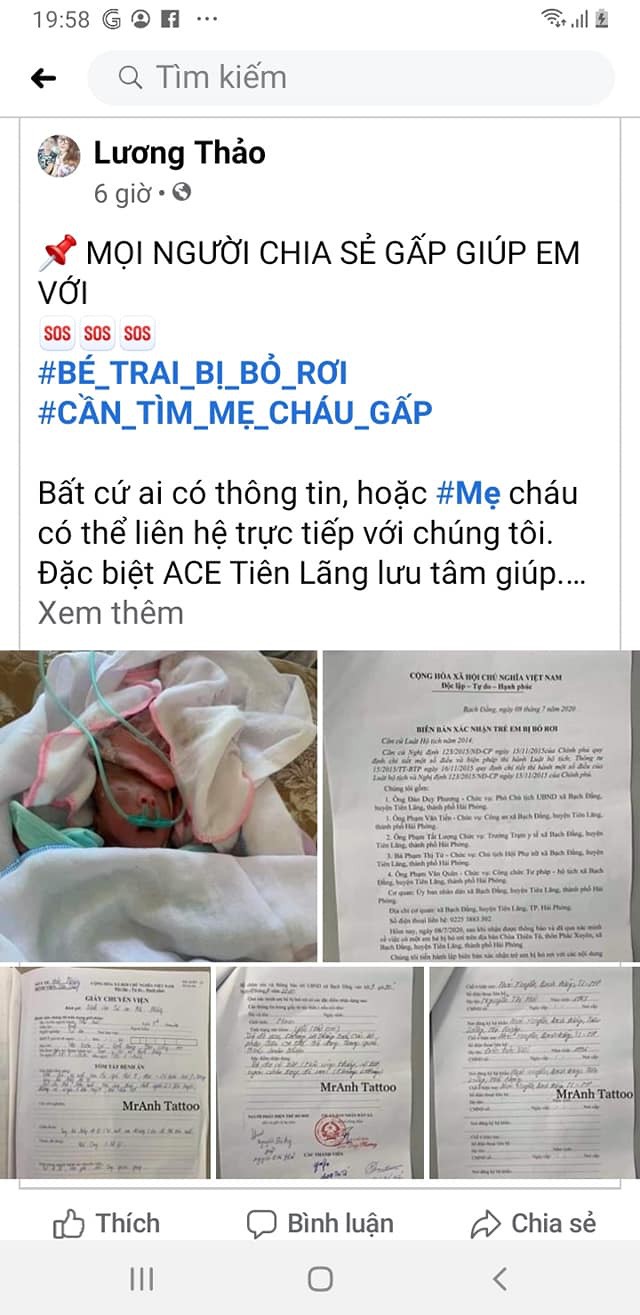 Một tài khoản Lương Thảo đã nhờ cộng đồng mạng chia sẻ thông tin tìm kiếm thân nhân của bé sơ sinh