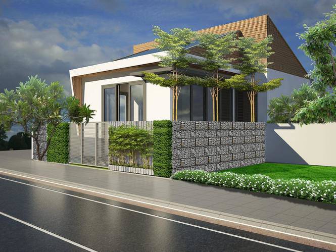 Đây là mẫu nhà thiết kế có gác lửng, xung quanh ngập tràn cây xanh.