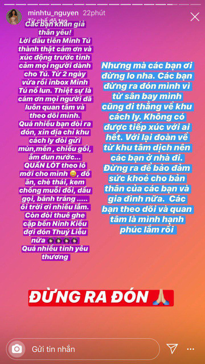 Minh Tú năn nỉ fan đừng ra đón để đảm bảo an toàn cho mọi người.