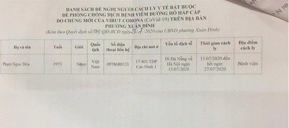Quyết định đưa anh Đ. đi cách ly của UBND phường Xuân Đỉnh.