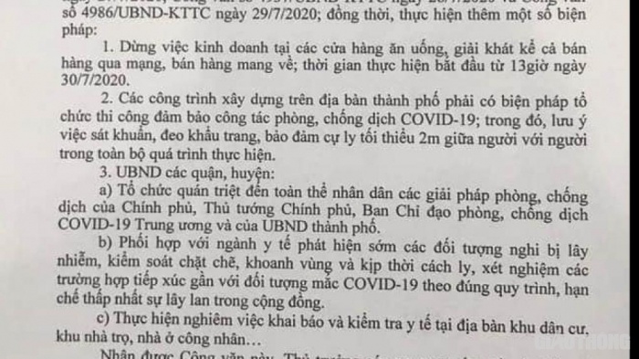 Công văn của , UBND TP. Đà Nẵng yêu càu dừng hoạt động kinh doanh các hoạt động bán hàng qua mạng, mang về