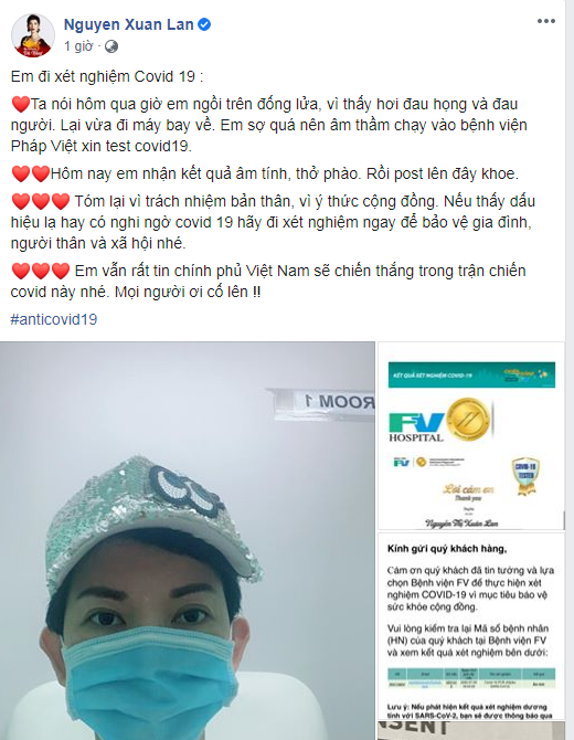 Mới đây, siêu mẫu Xuân Lan khiến fan vô cùng lo lắng khi bất ngờ chia sẻ về việc cô đi xét nghiệm Covid-19. Theo lời chia sẻ, sau khi đi máy bay về thì cô bị đau họng và đau người. Lo lắng như “ngồi trên đống lửa” nên Xuân Lan đã khẩn trương đến bệnh viện để xét nghiệm Covid-19. Ngay khi có kết quả, Xuân Lan đã vui mừng thông báo lên trang cá nhân và không quên khuyên mọi người không nên chủ quan trước đại dịch này.