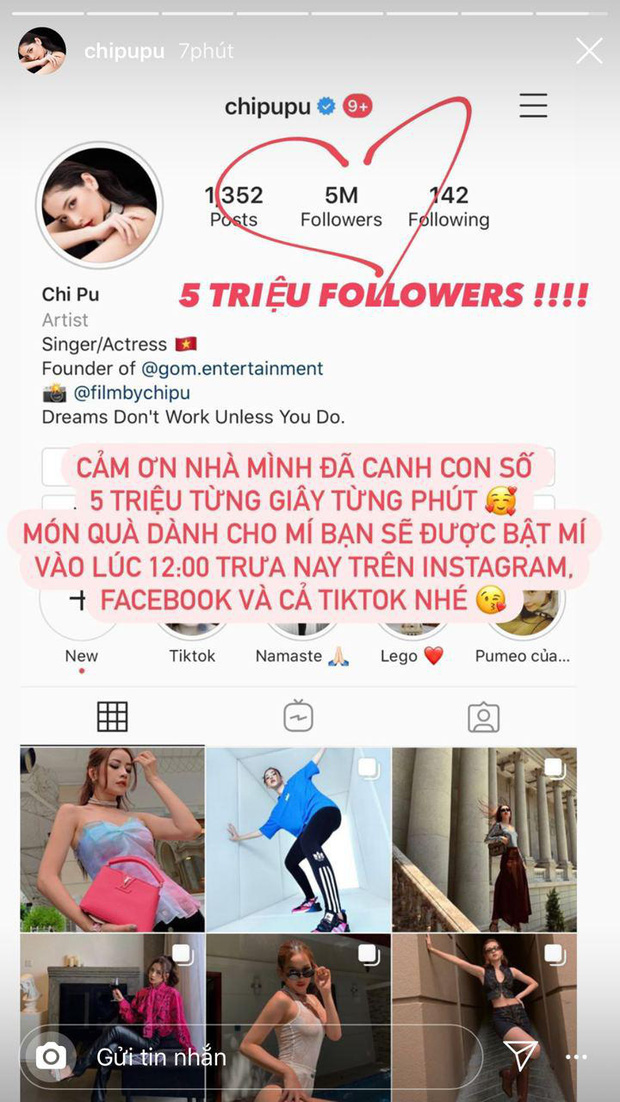 Chi Pu vui mừng khoe tài khoản Instagram vừa chạm mốc 5 triệu người theo dõi.