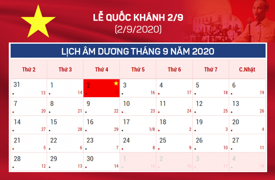 Lịch nghỉ lễ Quốc khánh 2/9/2020, cán bộ, công chức, viên chức và người lao động sẽ chỉ có 1 ngày nghỉ lễ vào thứ 4.
