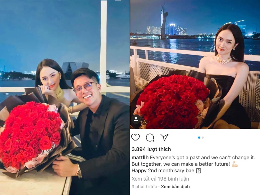 Mới đây, để đáp trả toàn bộ những lời bàn ra tán vào, Matt Liu đã đăng ảnh Hương Giang với bó hoa hồng tươi thắm. Anh còn gửi lời nhắn ngôn tình dành cho nàng: 