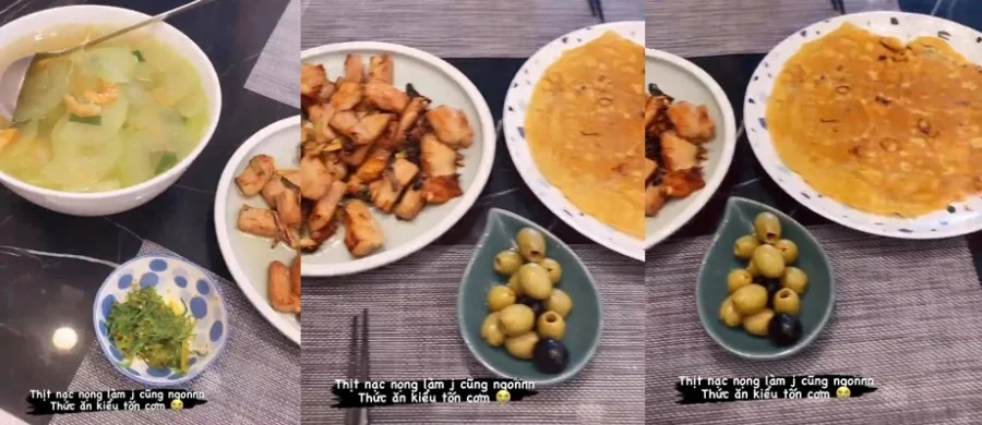Mới đây, Phanh Lee hạnh phúc khoe mâm cơm do ông xã tự tay nấu với món canh bí nấu tôm, thịt nạc nọng và trứng chiên ăn kèm rong biển và oliu xanh. 